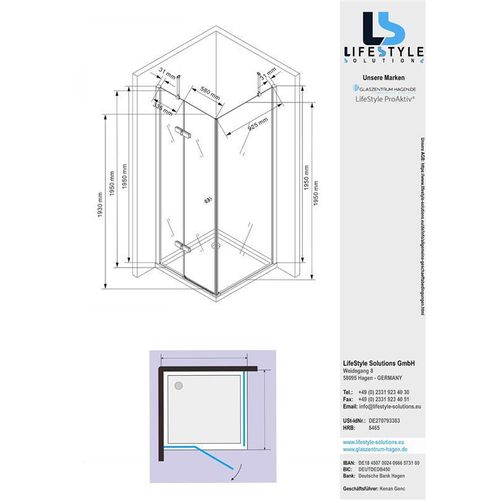 Glaszentrum Hagen - 100x100x195cm - Hestia Duschabtrennung - 8mm - ESG Glas