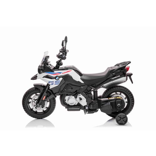 Elektromotorrad BMW F850 GS, lizenziert, 12-V-Batterie, weiche EVA-Räder, 2 x 35-W-Motoren, LED-Leuchten, Hilfsräder, MP3-Player mit USB/Aux-Eingang, weiß