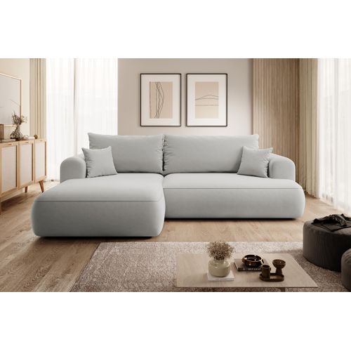 Selsey Ovo - Ecksofa mit Schlaffunktion, Bettkasten, Ottomane links, Easy-Clean-Veloursbezug in Grau