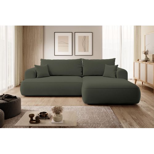 Selsey Ovo - Ecksofa mit Schlaffunktion, Bettkasten, Ottomane rechts, Easy-Clean-Veloursbezug in Olivgrün