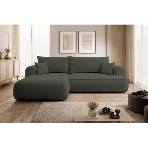 Selsey Ovo - Ecksofa mit Schlaffunktion, Bettkasten, Ottomane links, Easy-Clean-Veloursbezug in Olivgrün