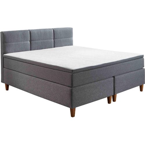 Boxspringbett - 180 x 200 cm - Braun - Grau - Webstoffbezug - Holzdekorfüße - mit Topper