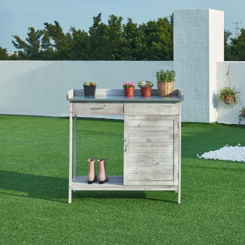 Pflanztisch ‘Aliano’ mit Schrank und verzinkter Arbeitsplatte 98 x 48 x 94 cm Tannenholz Grau