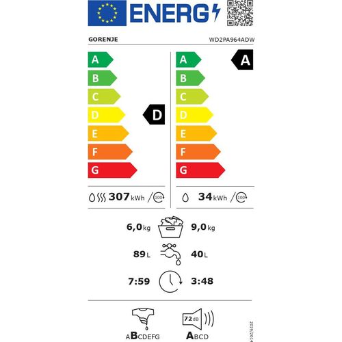 Gorenje Waschmaschine mit Trockner | WD2PA964ADW | /D | Frontlader | Waschkapazität 9 kg | 1400 U/min | Tiefe 55 cm | Breite 60 cm | Display | LED | Trocknungssystem | Trockenkapazität 6 kg | Dampffunktion | WLAN | Weiß
