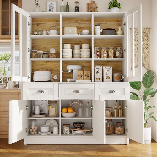 Hochschränke fürs Wohnzimmer(140×38.5×175cm), Vitrinenschrank,Küchenschrank,Esszimmerschrank mit Schubladen, Moderner Minimalistischer Hochschrank, Standvitrine für Küche Wohnzimmer Esszimmer, Weiß