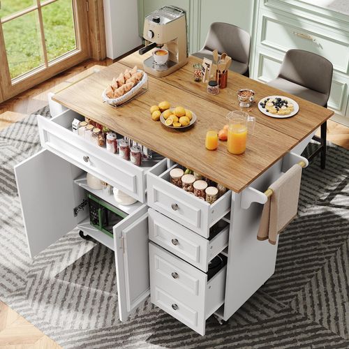 Kücheninsel(110×45-75×92cm),Modernes Küchensiland, Küchenschrank, Abnehmbare Servierwagen buffetschrank, Speisewagen mit Vintage-Muster, buffetschrank, Multifunktionale Esstisch mit Speicherraum,weiß