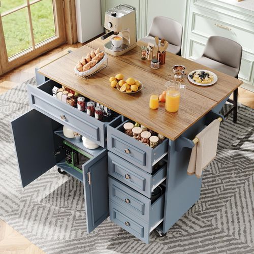 Kücheninsel(110×45-75×92cm),Modernes Küchensiland, Küchenschrank, Abnehmbare Servierwagen buffetschrank, Speisewagen mit Vintage-Muster, buffetschrank, Multifunktionale Esstisch mit Speicherraum,Blau
