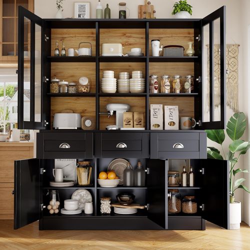 Hochschränke fürs Wohnzimmer(140×38.5×175cm), Vitrinenschrank,Küchenschrank,Esszimmerschrank mit Schubladen, Moderner Minimalistischer Hochschrank, Standvitrine für Küche Wohnzimmer Esszimmer, Schwarz