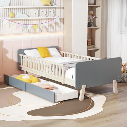 Kinderbett 90x190 mit 2 Schubladen, Einzelbett aus Massivholz mit Lattenrost, Grau