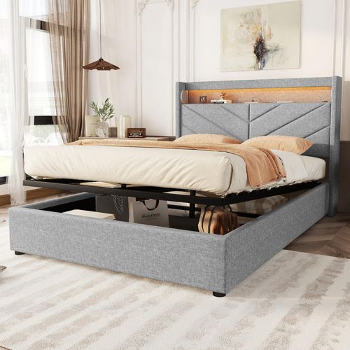 Polsterbett, 140 x 190 cm, Ohne Matratze, Ambientebeleuchtung mit Fernbedienung, Bett mit Hydraulik, Mit USB und Stereoanlage, Leinen, Grau