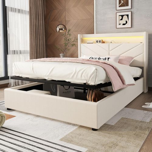 Polsterbett, 140 x 190 cm, Ohne Matratze, Ambientebeleuchtung mit Fernbedienung, Bett mit Hydraulik, Mit USB und Stereoanlage, Leinen, Beige