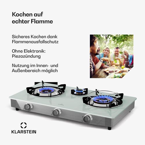 Klarstein Barzona Gaskochfeld, 3-Brenner Edelstahl & Glas, 8,45kW, Tragbarer Campingkocher mit Piezo-Zündung & Flammenausfallsicherung, Komplettset mit Schlauch & Regler