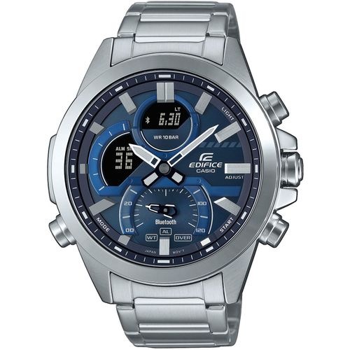 Smartwatch CASIO EDIFICE, silber (silberfarben, blau), Smartwatches, Armbanduhr, Herrenuhr, Edelstahlarmband, Bluetooth,bis 10 bar wasserd.