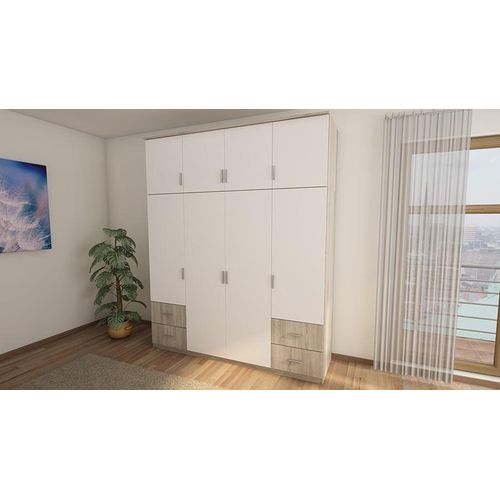 Schrank 200/242 Eiche Hell/Weiß mit 4 Schubladen und 2 Kleiderstangen - Pfleiderer Qualität