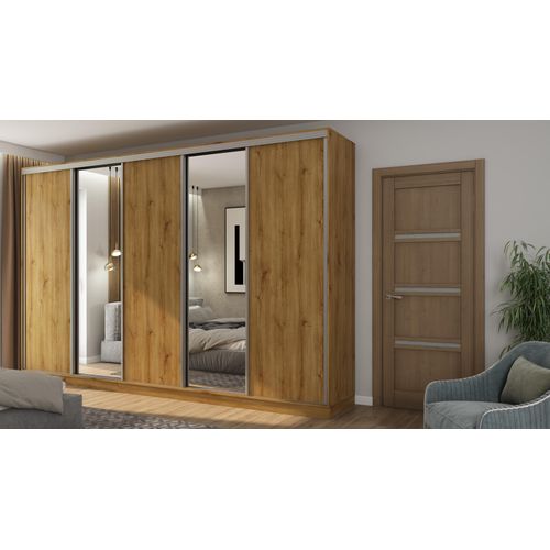 Schiebetürenschrank 5D/380 mit Spiegeln und Silberbeschlägen – Eiche Whisky