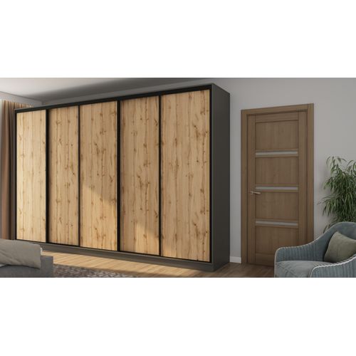 Schiebetürenschrank 5D/380 in Grau Graphit/Eiche Wotan mit schwarzen Beschlägen