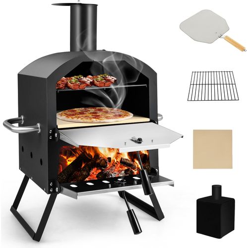 COSTWAY Outdoor Pizzaofen, 2-lagigem Pizza Ofen mit Grillrost, Pizzastein, Pizzaschaufel, wasserdichter Abdeckung, hitzebeständigen Griffen & klappbaren Beinen, für Picknick, Party, Camping