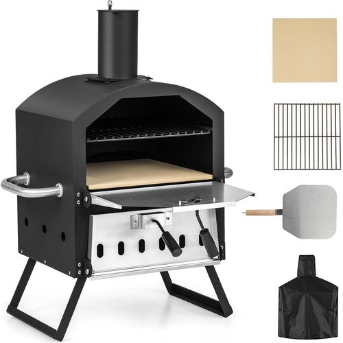 KOMFOTTEU Pizza Offen Outdoor, 2 Stufen Pizzaofen 600℃, Tragbarer Holzofen aus Edelstahl, Pizza Backofen für Garten, Mini oven mit Pizzastein Pizzaschaufel Grillrost wasserdichter Deckel