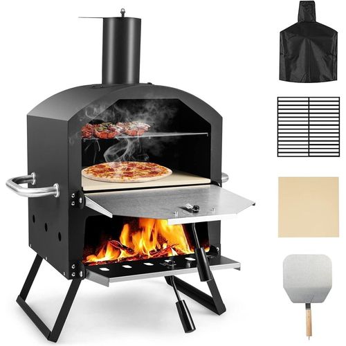 GOPLUS 2 in 1 Pizzaofen outdoor, Gartenofen aus Edelstahl mit Pizzagrill, Pizzaschaufel, Pizzastein für Party Camping Picknick, tragbarer Holzofen