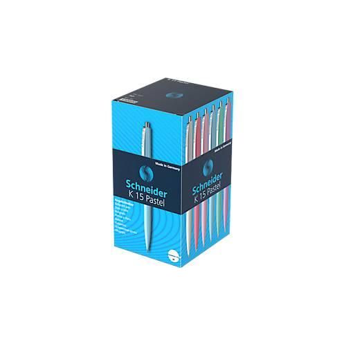 Kugelschreiber Schneider K15 Pastell, Strichbreite Medium 1,0 mm, Schreibfarbe blau, Gehäuse farbsortiert, dokumentenecht, nachfüllbar, 50 Stück