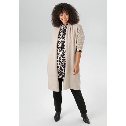 Strickjacke ANISTON PLUS, Damen, Gr. 50, beige (beige meliert), Feinstrick, Obermaterial: 74% Polyacryl, 23% Polyester, 3% Elasthan, unifarben, figurumspielend kniefrei, Rippbündchen, Strickjacken, in kuscheliger Qualität - NEUE KOLLEKTION