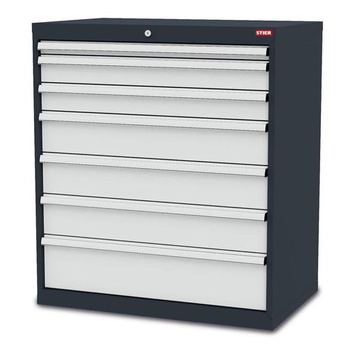 STIER Schubladenschrank aus stabiler Stahlkonstruktion und Kugelführung, 7 verzinkte Schubladen, Werkstatt / Industrie / Büro, Maße: BxTxH 900x575x1020 mm inkl. Einteilungsset, Werkstattschrank mit
