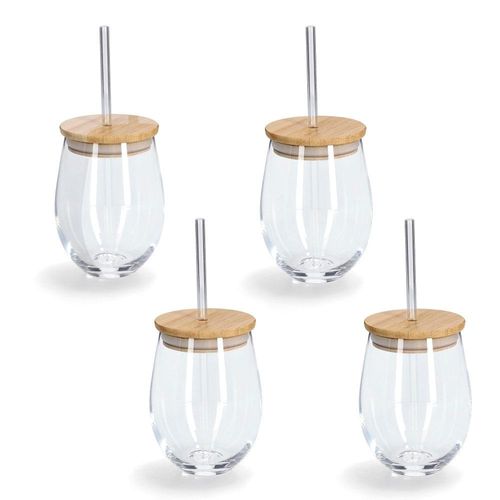 Gläser-Set ZELLER PRESENT, transparent, B:9,2cm H:12,6cm Ø:9,2cm, Glas, Bambus, Silikon, Trinkgefäße, 4-teilig, inkl. Trinkhalm, 500 ml