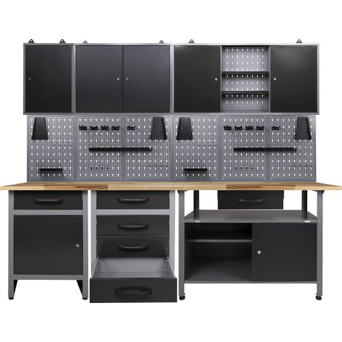 Werkstatt-Set ONDIS24, schwarz (anthrazit, schwarz, grau), B:240cm H:205cm T:60cm, Metall, Werkbänke, 240 cm