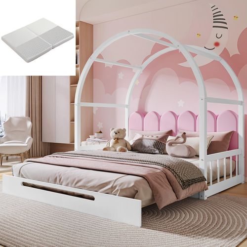 Kinderbett 140x100cm/200cm Doppelbett (Mit Matratze) Tagesbett Weiß+Rosa Dachbett Schiebebett Massivholzbett Erweiterbares Gewölbtes Samtkissen