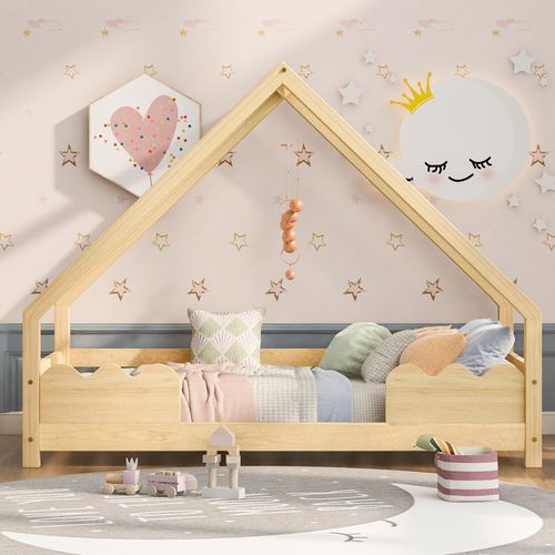 Kinderbett mit Rollrost, 90x200 cm, Holzbett aus Kiefer, Einzelbett, Jugendbett, Hausbett
