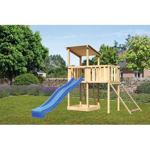 Spielturm Spielhaus Karibu Anna 107 x 107 cm Holz bestehend aus Rutsche, Anbau, Netzrampe blau