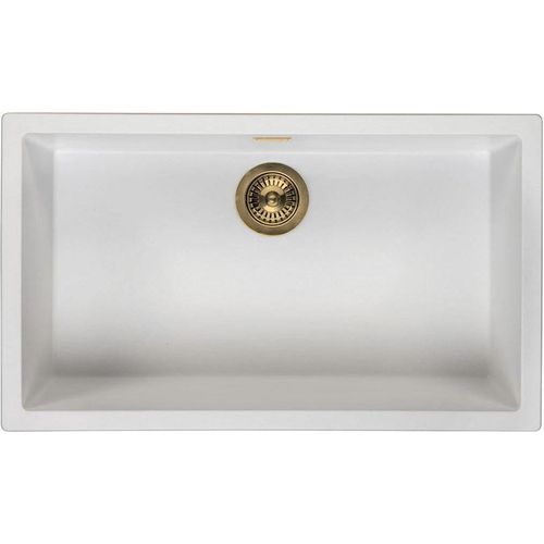 Weiße große Spüle 70x40 cm Unterbau, Aufsatz und Flacheinbau mit goldenem Stöpsel 1208970522