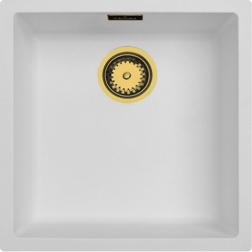 Weiße Spüle 40x40 cm Unterbau, Aufsatz und Flachbau mit goldenem Stöpsel 1208970537
