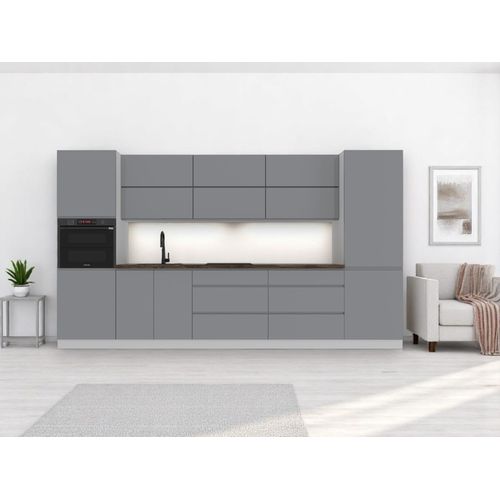 Küchenzeile 360 cm Küchenmöbel, Einbauküche ohne Arbeitsplatte Aspen K47-M360 Grau