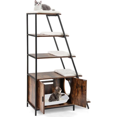GOPLUS Katzenschrank mit 5 Leiterregalen, Katzenklo Schrank mit Metallrahmen, Kippschutz & verstellbaren Füßen, Braun