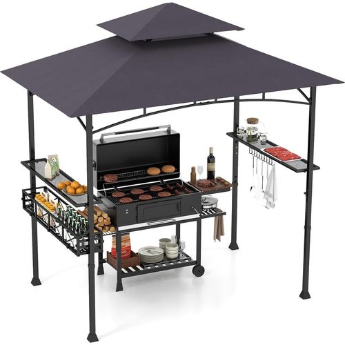 GOPLUS Grillpavillon, Grill Pavillon Doppeldach mit 2 Ablagen, 10 Haken, Flaschenöffner & Ablagekorb, Dunkel Grau
