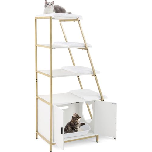 GOPLUS Katzenschrank mit 5 Leiterregalen, Katzenklo Schrank mit Metallrahmen, Kippschutz & verstellbaren Füßen, Weiß