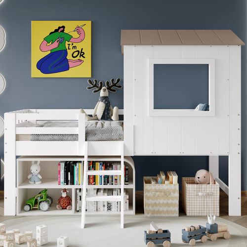 Merax Etagenbett Kinderbett 90x200 mit Treppe,Hausbett aus Kiefer und MDF, Halbhohes Bett mit Dach,Jungenbett Fenster, Zaun, Stauraum,Weiß + Natur