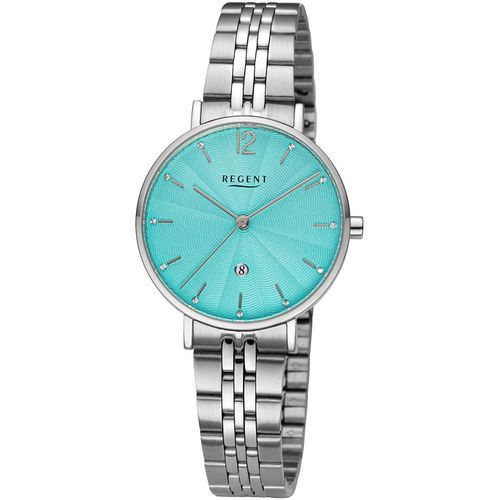 Quarzuhr REGENT, silber (silberfarben, türkis), Armbanduhren, Damen, Armbanduhr, Damenuhr, Datum, Glassteine, Edelstahlarmband,Geschenkidee