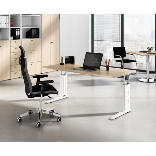 Schreibtisch U-Serie | inkl. Kabelwanne | C-Fuß | höheneinstellbar, Größe Tischplatte:80 x 80 cm, Farbe Tischplatte:Eiche, Farbe Gestell:Silber