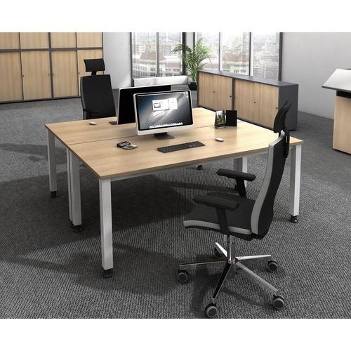 Schreibtisch Q-Serie | 4-Fuß-Gestell | höheneinstellbar | extrem stabil, Größe Tischplatte:160 x 80 cm, Farbe Tischplatte:Eiche, Farbe Gestell:Silber
