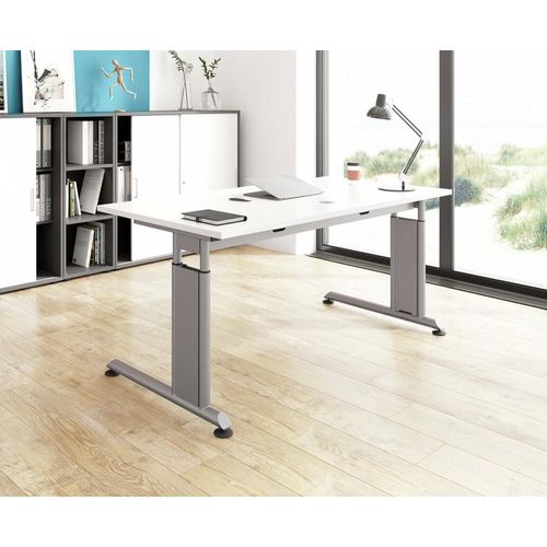 Schreibtisch Z-Serie | inkl. Kabelwanne | C-Fuß | höheneinstellbar, Größe Tischplatte:180 x 80 cm, Farbe Tischplatte:Weiß, Farbe Gestell:Silber