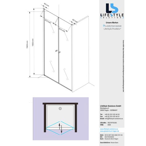 Glaszentrum Hagen - 120x195cm Nischentür Pendeltür - 6mm - ESG Glas - Hebe & Senkmechanismus