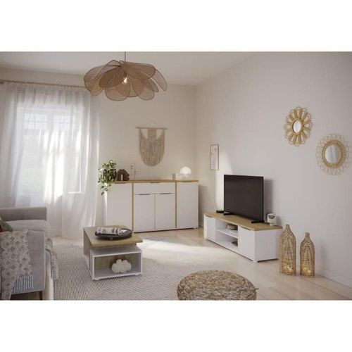 ACCESS Wohnzimmer-Set: Couchtisch + TV-Bank + 4-türiges Sideboard – Nachbildung Hamilton-Eiche und Weiß