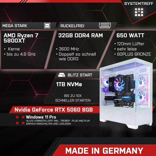 SYSTEMTREFF Gamer PC-System - Ryzen 7 5800XT - Nvidia GeForce RTX 5060 8GB - 32GB DDR4 - 1TB NVMe - Windows 11 Pro - Desktop