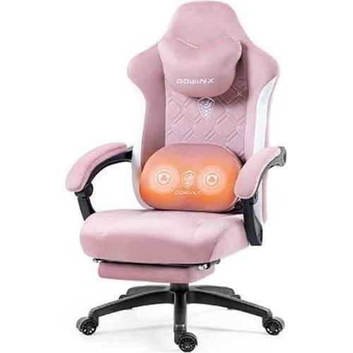 Gaming Stuhl mit beheizter Massage, Lendenwirbelstütze, Fußstütze, Taschenfederkissen, Pink