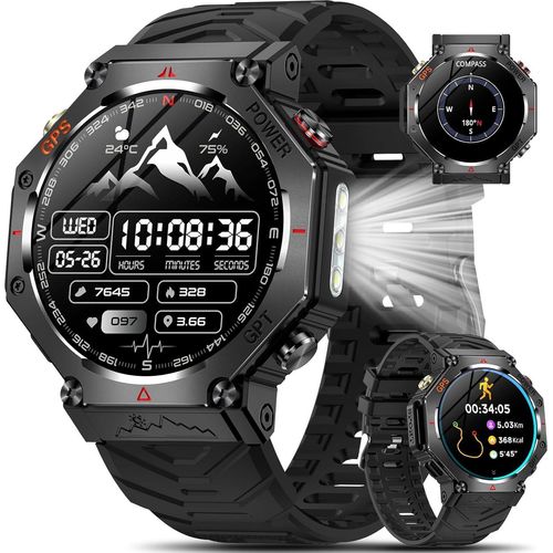 Militär Smartwatch Herren mit GPS/LED-Licht, 1,39
