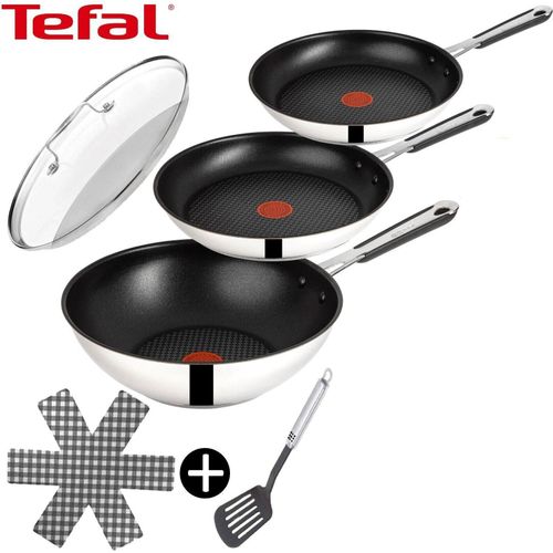 Tefal Jamie Oliver J90932 Pfannenset 6-teilig - 24cm & 28cm Bratpfanne, 28cm Wokpfanne mit Glasdeckel, Antihaftbeschichtung, Induktionsgeeignet