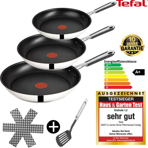 Tefal Jamie Oliver J90933 Pfannenset 3-tlg – Induktionsgeeignet, Antihaft 20cm/24cm/28cm, Edelstahl Pfannen mit Thermo-Spot, Inkl. Pfannenwender
