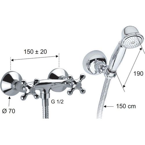 DANIEL Retro Zweigriff (Kreuzgriff) Brausebatterie mit Handbrause und Brauseschlauch, chrom